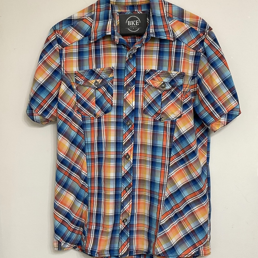 BKE Men's Short Sleeve Blue/Orange Plaid Shirt Slim Fit Size M
